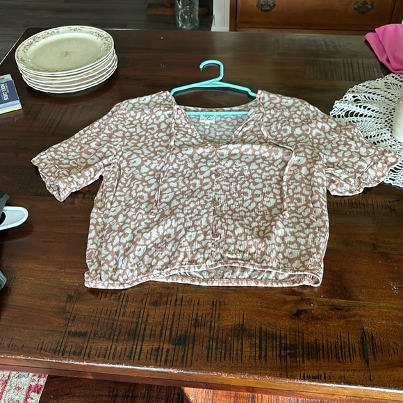 Self Esteem Pink/Peach Leopard Print Tie Front Blouse with Elastic Waist - Picture 1 of 4